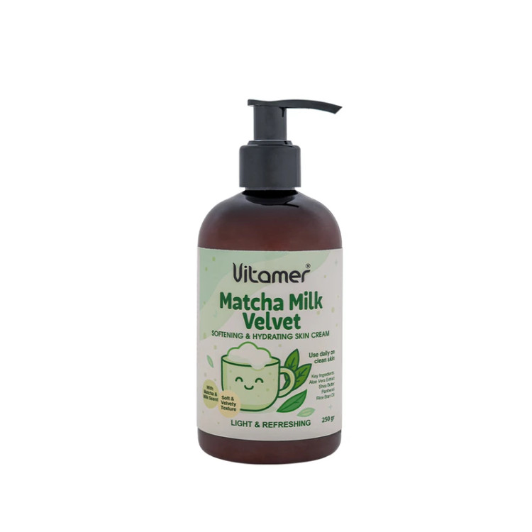 کرم مرطوبکننده و آبرسان بدن ویتامر مدل Matcha Milk Vlevet مناسب برای انواع پوست حجم 250 میلیلیتر