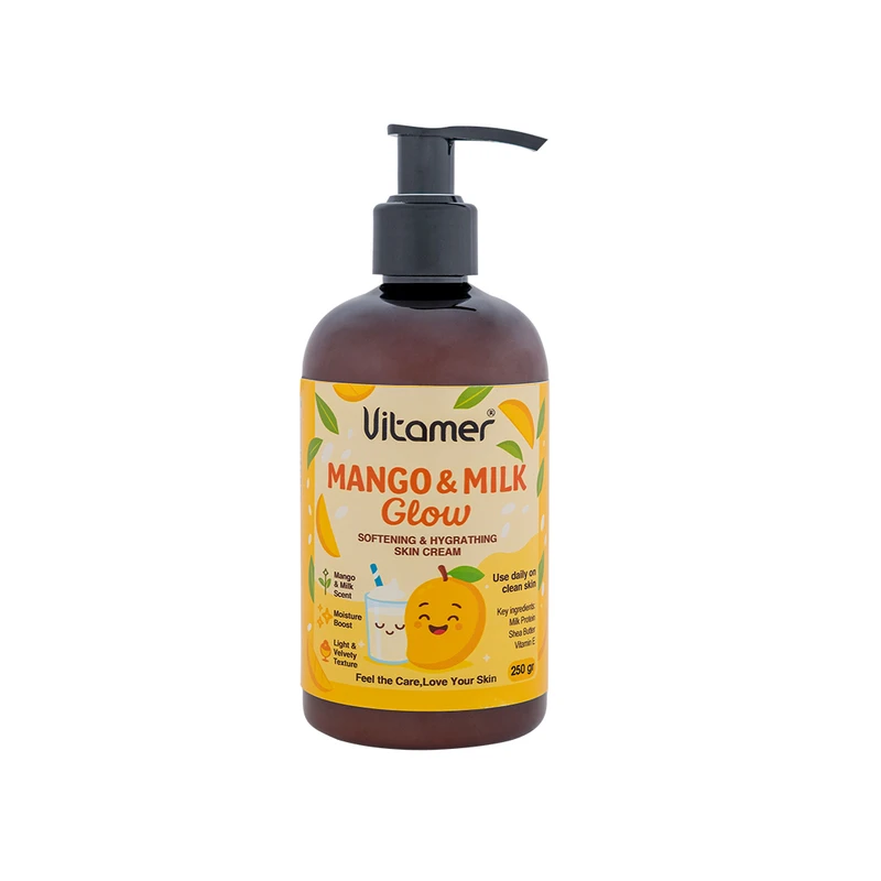 کرم مرطوب‌کننده و آبرسان بدن ویتامر مدل Mango & Milk Glow مناسب برای انواع پوست حجم 250 میلی‌لیتر