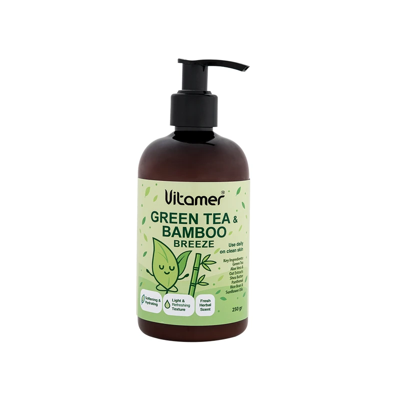 کرم مرطوب‌کننده و آبرسان بدن ویتامر مدل Green Tea & Bamboo Breeze مناسب برای انواع پوست حجم 250 میلی‌لیتر